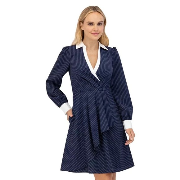 Eliza J Women's Twist-Front Cascade Collared Shirt Dress w.Pockets  White Navy 4 - Picture 2 of 9